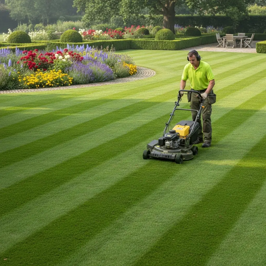 Landscaper using a riding lawn mower to maintain a striped lawn, representing professional lawn care and mowing services.