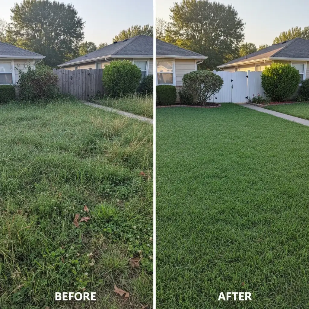 Gardener mowing a well-maintained lawn with a yellow lawn mower, showcasing professional lawn mowing and care.