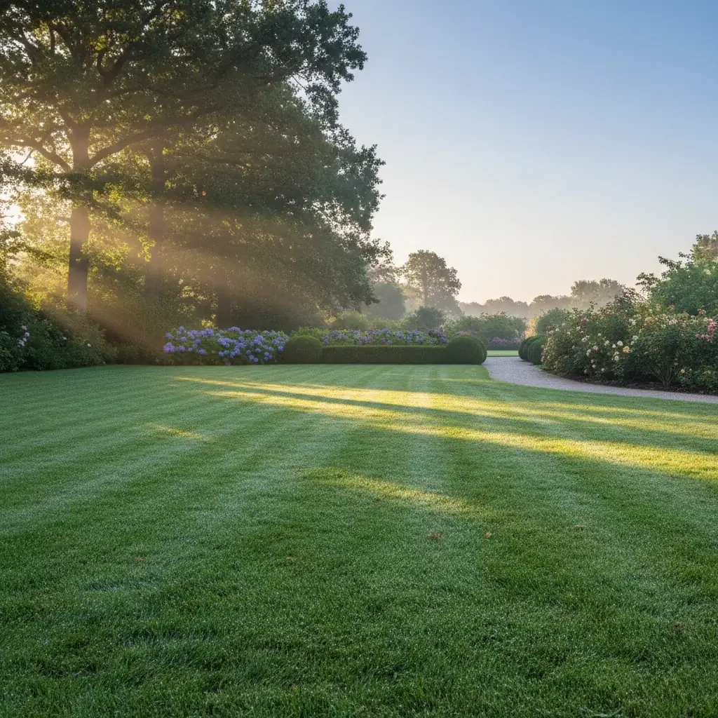 Before and after photo of a lawn showing the transformation from overgrown to perfectly manicured grass, highlighting lawn mowing services.