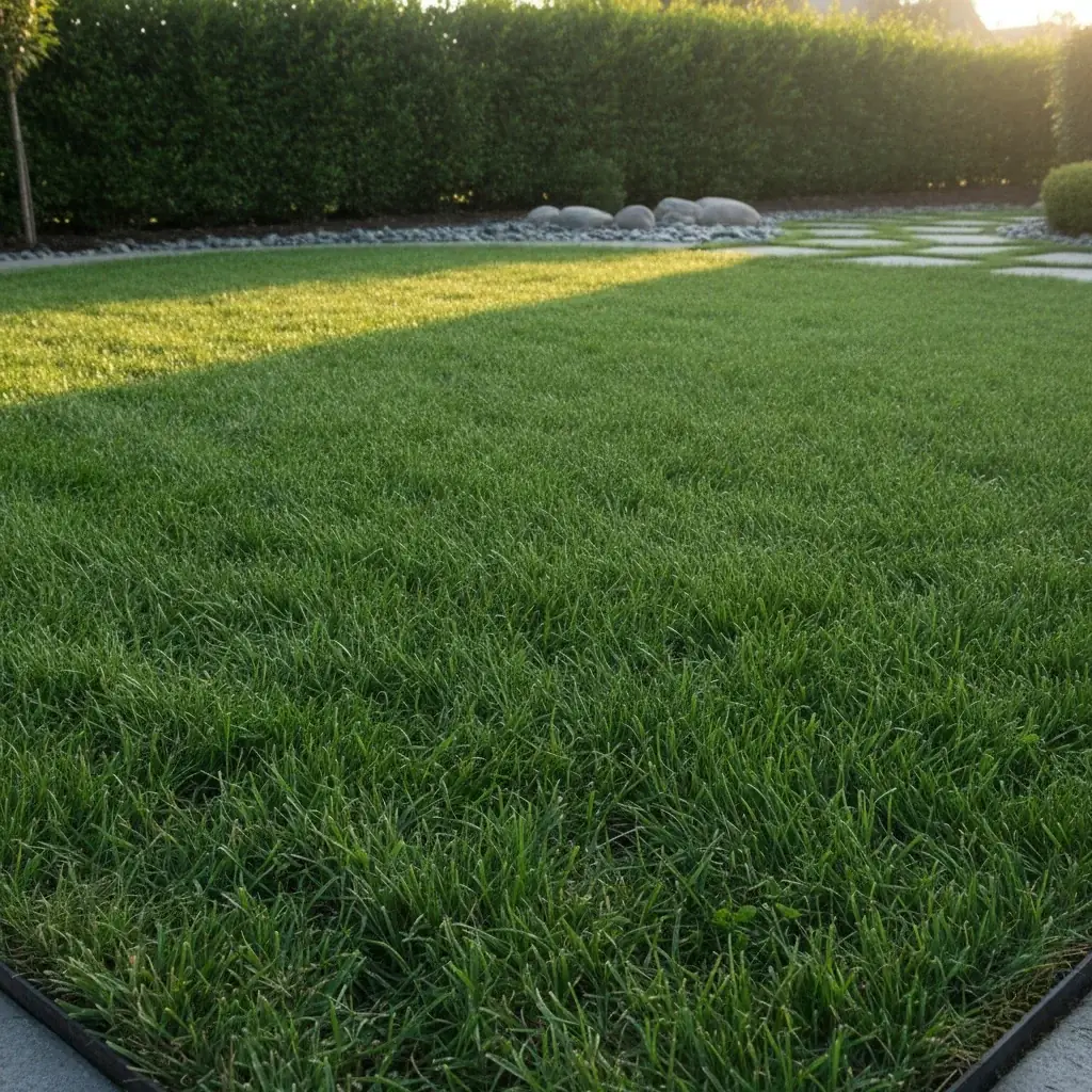 Well-maintained lawn with a clean and even cut, representing lawn care services for a neat garden.