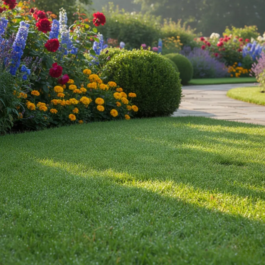 Lush green lawn with flower beds and hedges, representing a well-maintained garden with professional lawn care services.